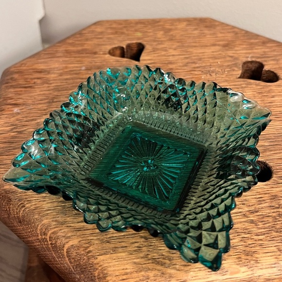 Catch all jewelry holder dish Depression glass teal Elegant Teal Glass Dish - Picture 4 of 4